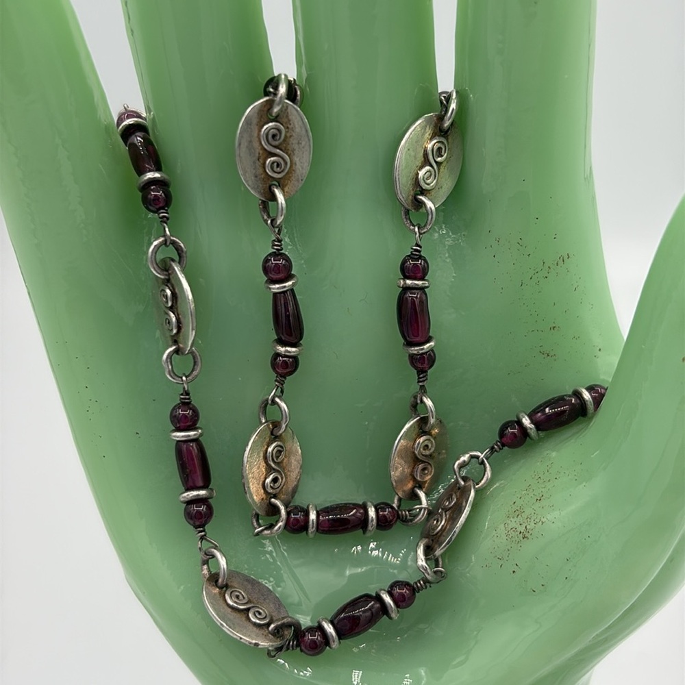 Sterling Silver and Red Glass Bead Modernist Necklace